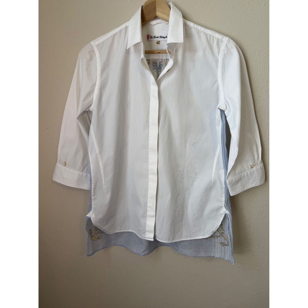 Le Sarte Pettegole Italy White Cotton Paisley Scarf Back Shirt Blouse 42